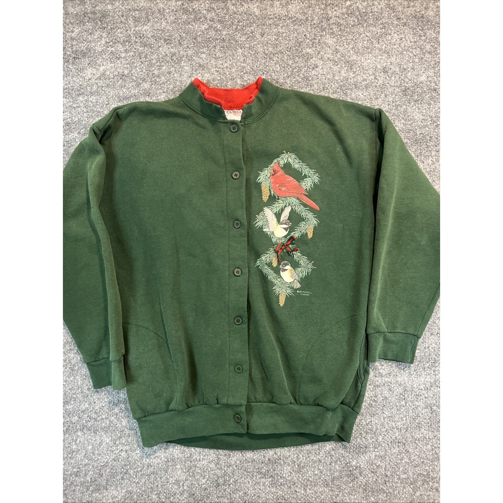 VTG 90s Morning Sun Winter Cardinals Sweatshirt Cardigan Green Size Medium USA